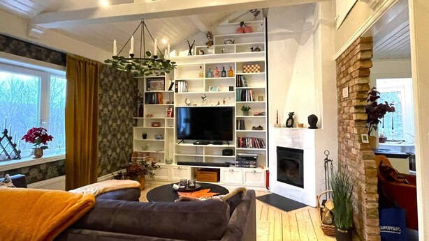 Ein modernes Wohnzimmer mit Sofa, Fernseher, Bücherregal, Kamin und Holzböden.