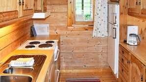 Une cuisine de taille réduite, avec des meubles de rangement en bois, une cuisinière, un évier et une fenêtre agrémentée de rideaux.