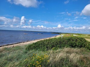 A coastal landscape with a sandy beach, grassy areas, and a clear blue sky.