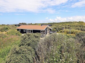 A single-story house with a sloped roof, surrounded by dense shrubbery and a hilly landscape. - 4 Star Holiday Home in Hjorring (Hjørring)