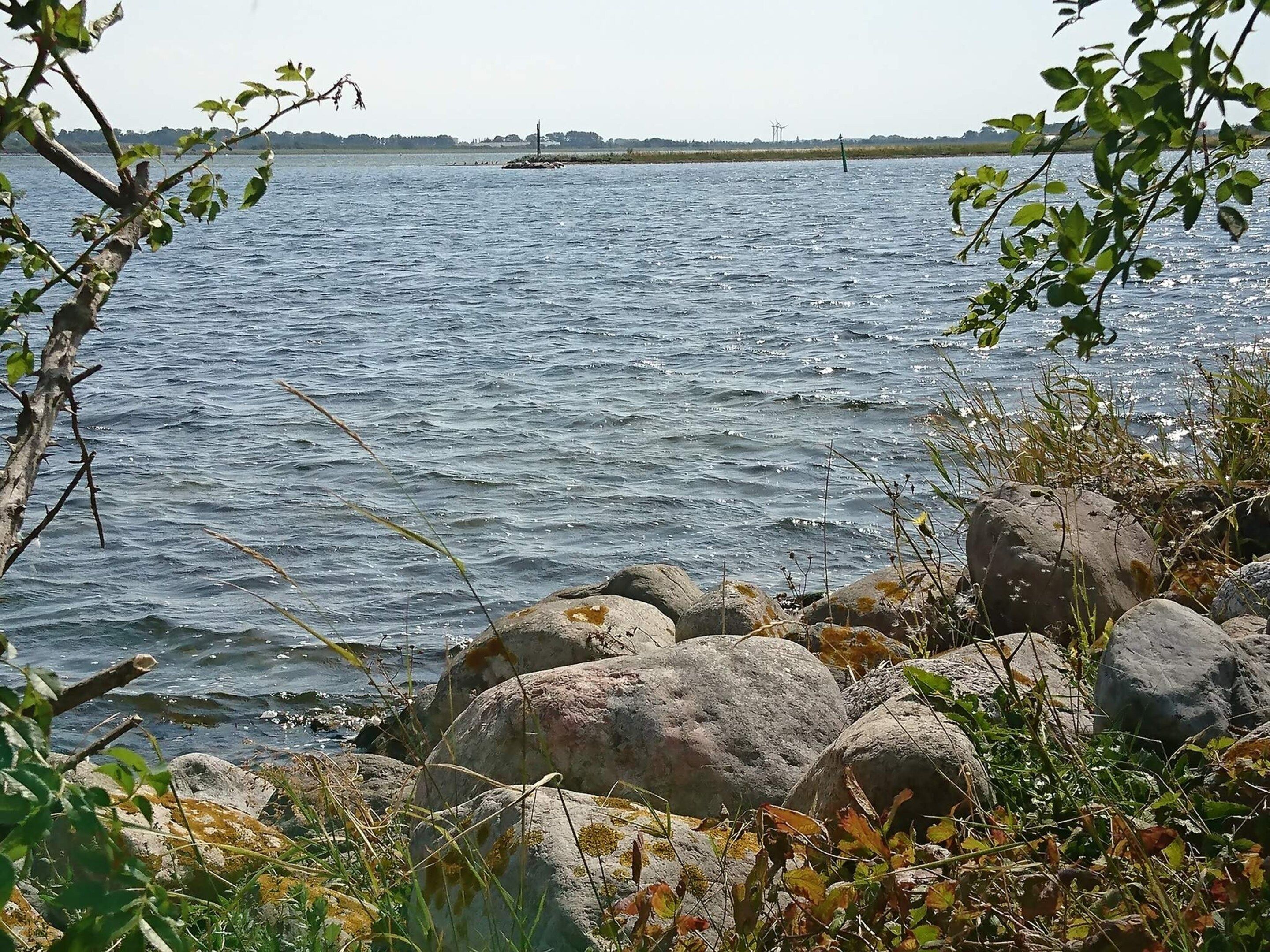 A body of water with rocks and vegetation in the foreground.