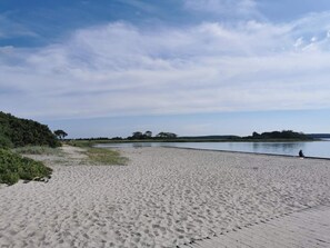 En sandstrand med ett lugnt vattenområde, en träpromenad och gles vegetation.