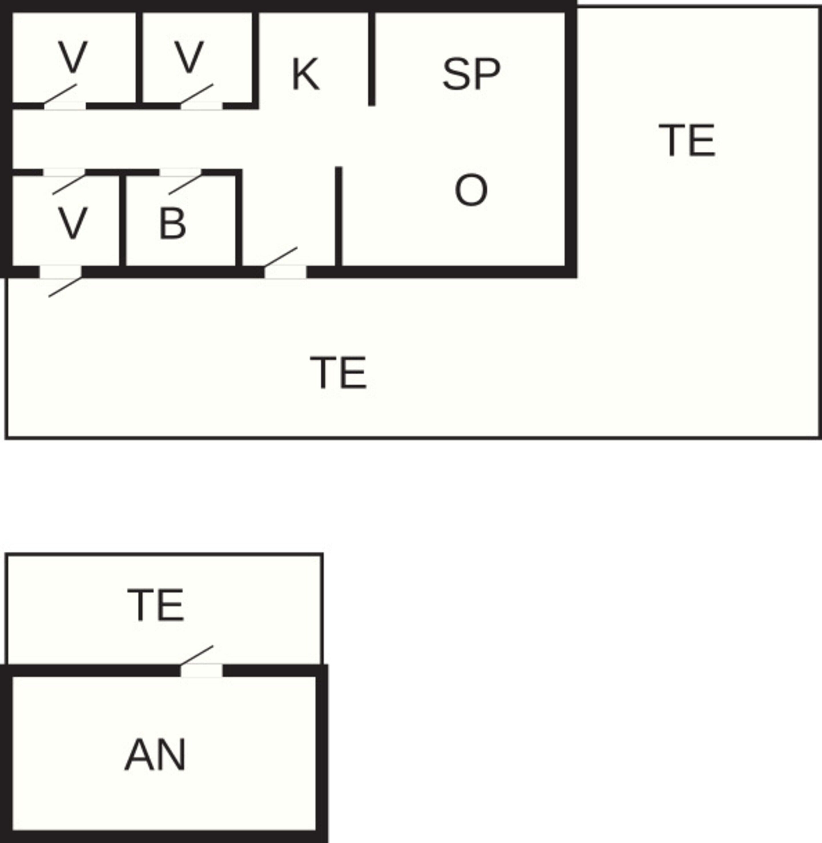 Ein Grundriss mit beschrifteten Räumen: V, V, K, SP, O, B, TE und AN.