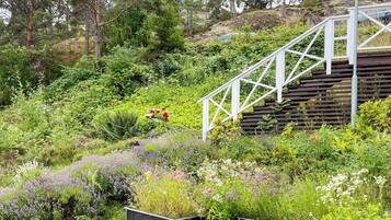 A garden with a wooden staircase leading up a slope, surrounded by various plants and flowers.