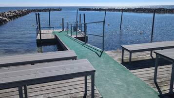 A wooden pier extending into calm water with a green walkway, benches, and a metal railing.