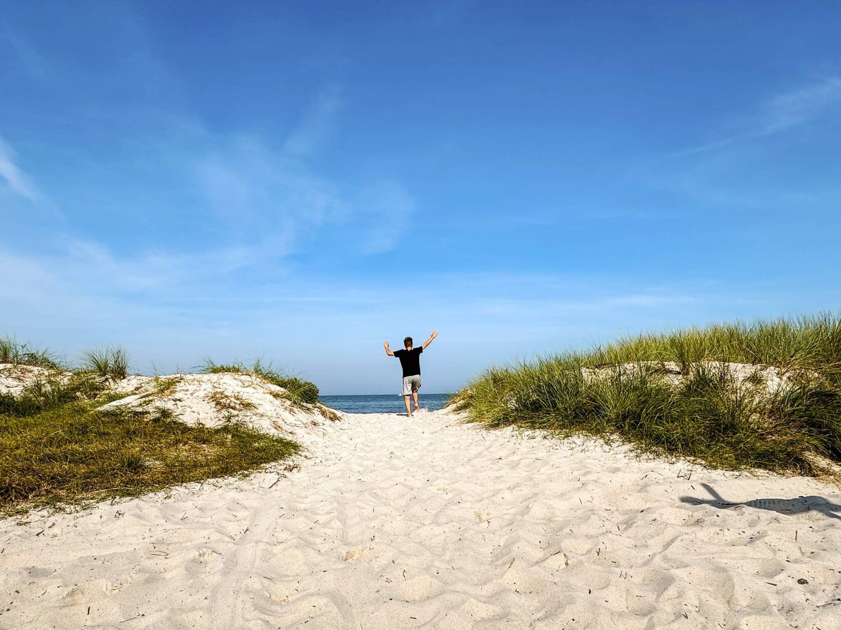A pathway leading to the beach with dunes on either side.