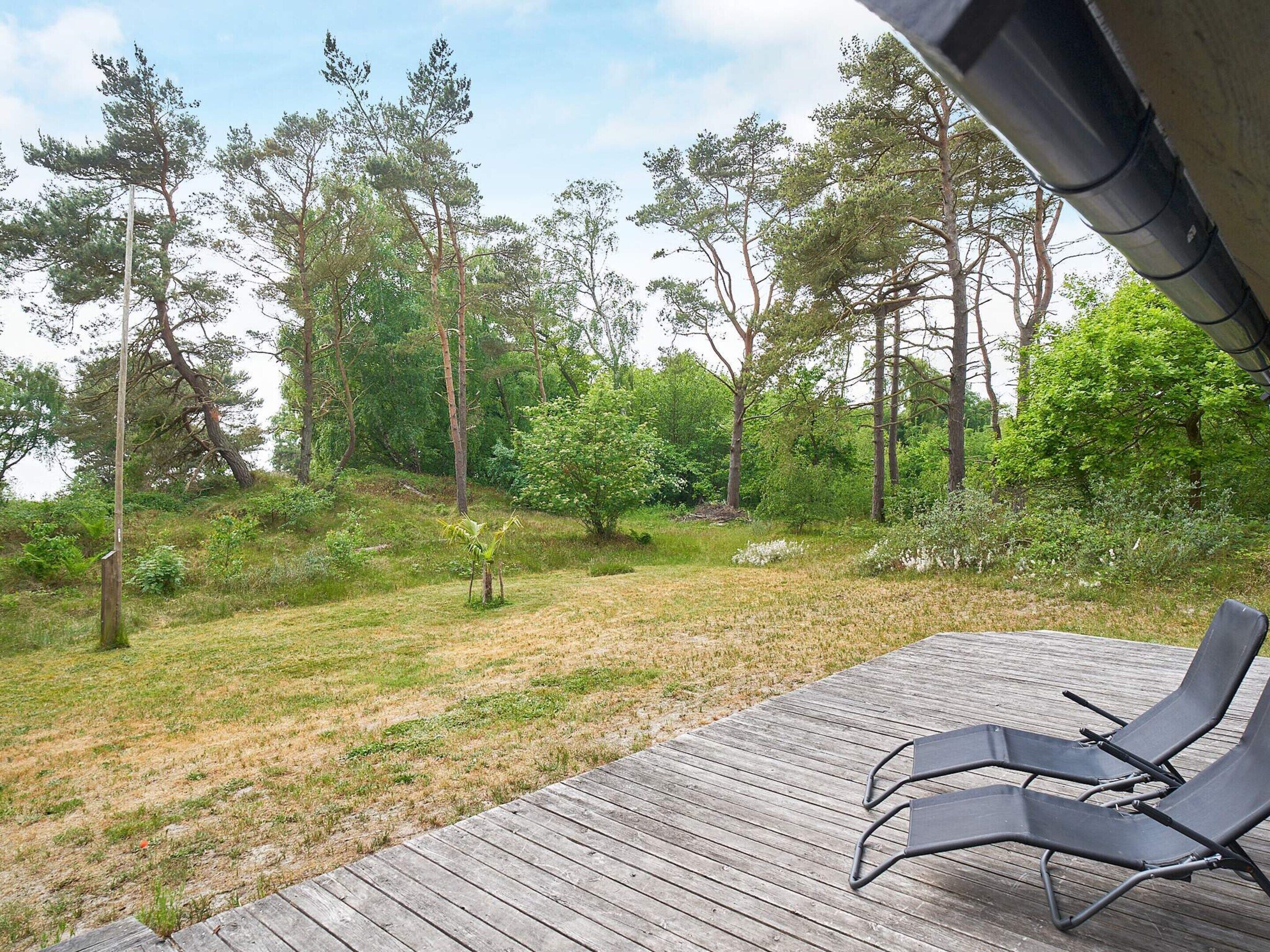 Une terrasse dotée de deux chaises longues donnant sur un espace verdoyant bordé d’arbres.