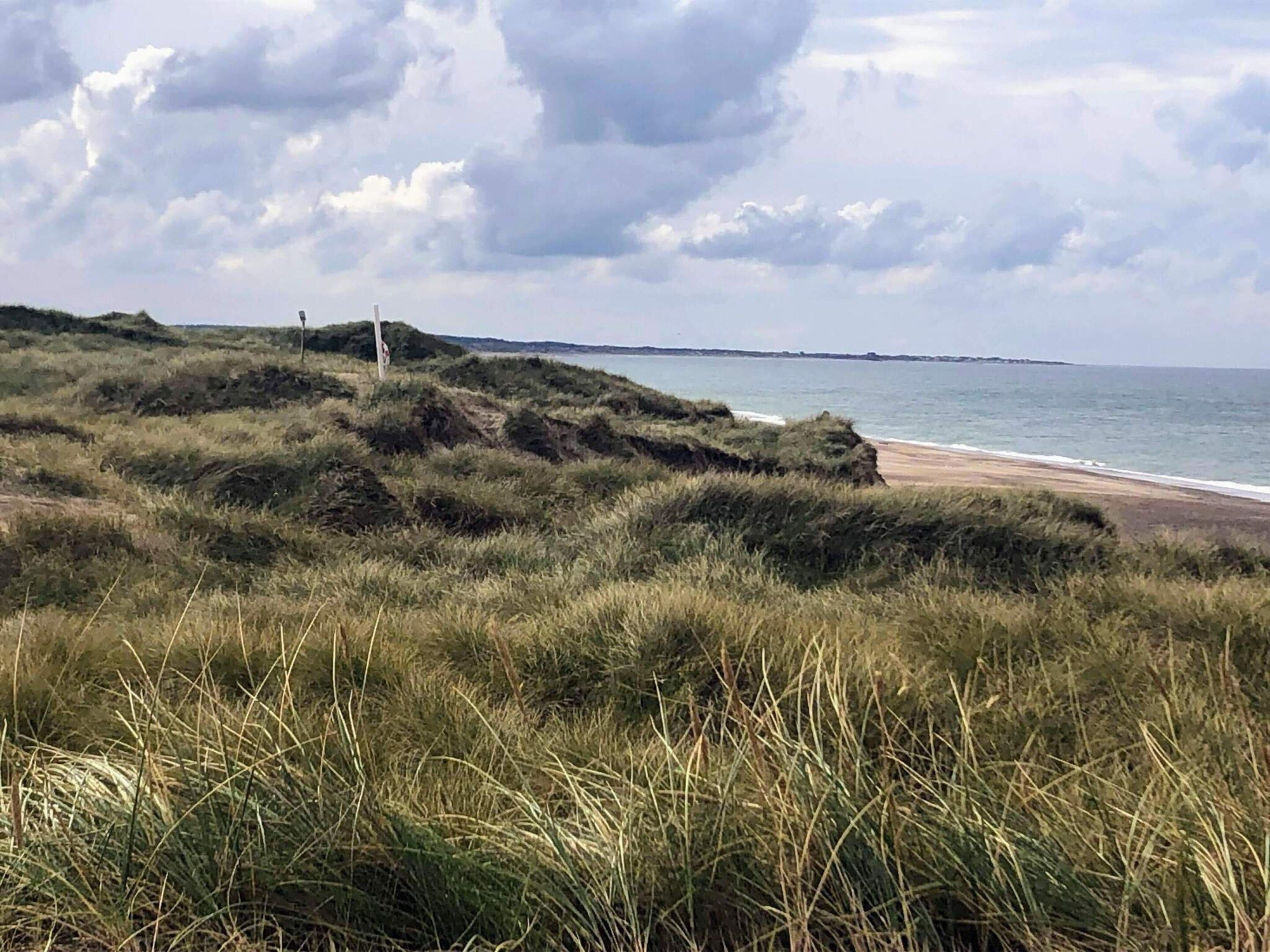 Et kystlandskab med græsbeklædte klitter, en strand og et vandareal under en overskyet himmel.