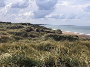 Et kystlandskab med græsbeklædte klitter, en strand og et vandareal under en overskyet himmel.