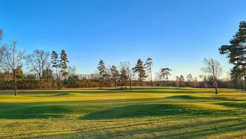 A golf course with a clear sky, trees, and well-maintained grass.