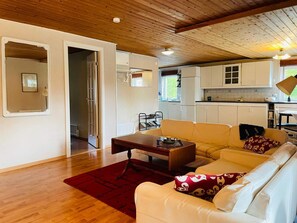 A living room with a sofa, a coffee table, and a red rug. There is a kitchen area with cabinets and a window. - 4 Person Holiday Home in Molltorp (Mölltorp)