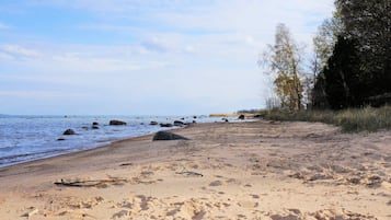 Una playa arenosa con rocas dispersas y un mar tranquilo.