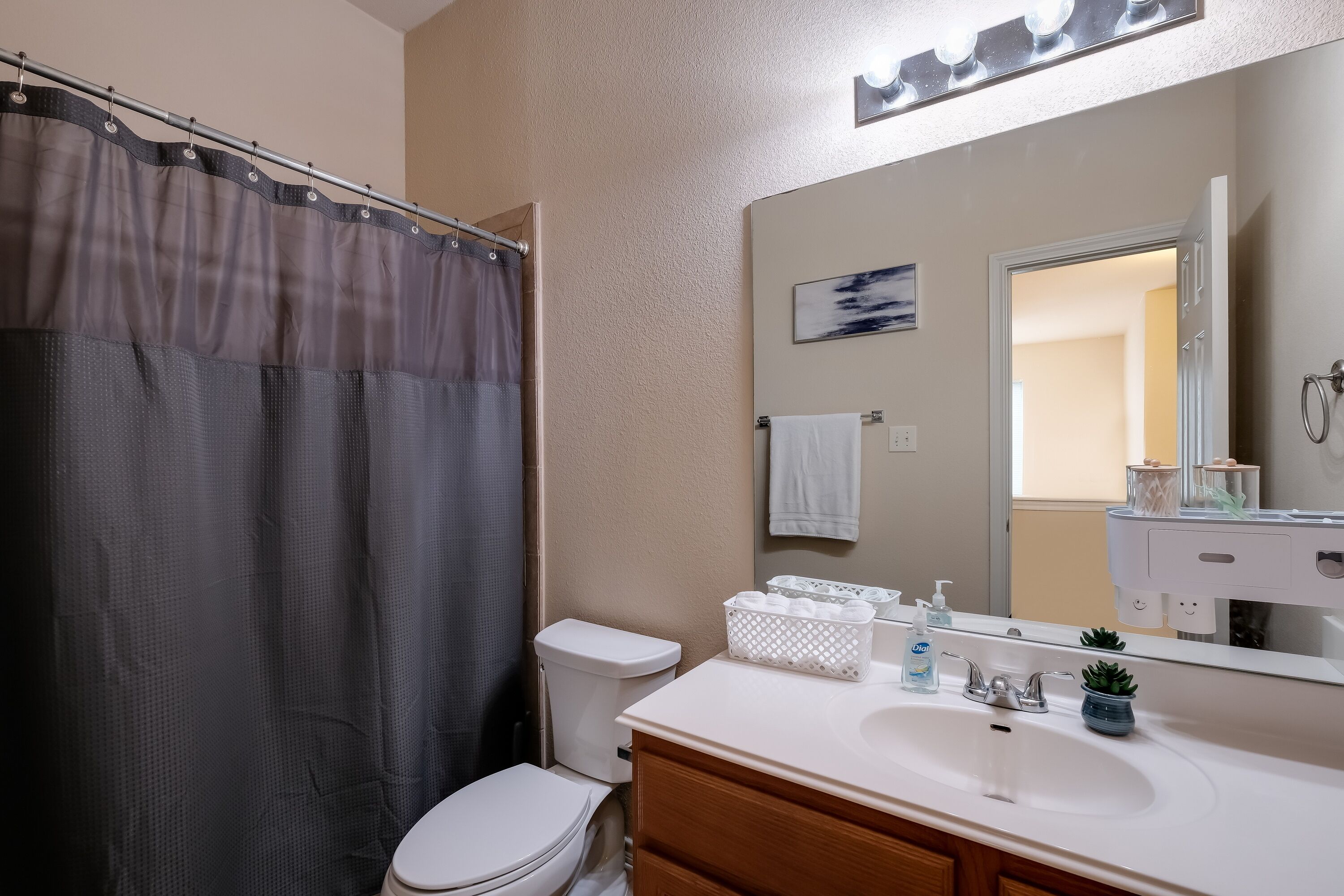 A bathroom with a shower curtain, toilet, sink, and mirror.