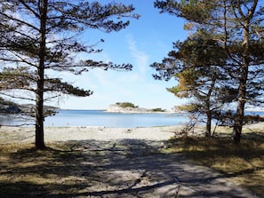 Un sendero bordeando la playa que lleva a una orilla arenosa, con árboles enmarcándola y mostrando una vista de un mar tranquilo y afloramientos rocosos a lo lejos.