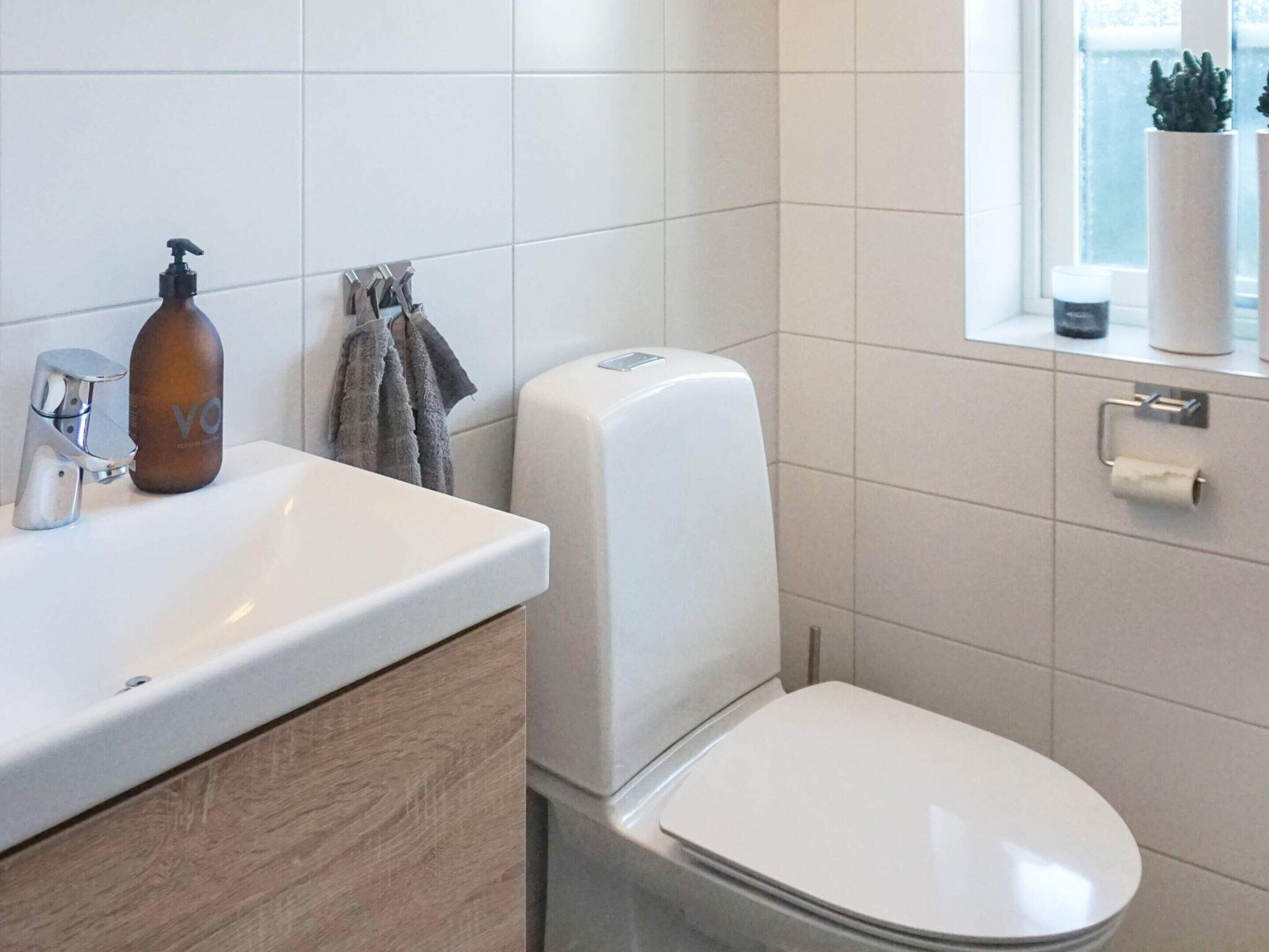 A modern bathroom with a white sink, a toilet, and a window with plants.