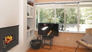 Een woonkamer met een open haard, een televisie, houten vloeren en een raam met uitzicht op bomen.