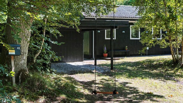 Een rustieke blokhut met een schommel, omgeven door dichte begroeiing.