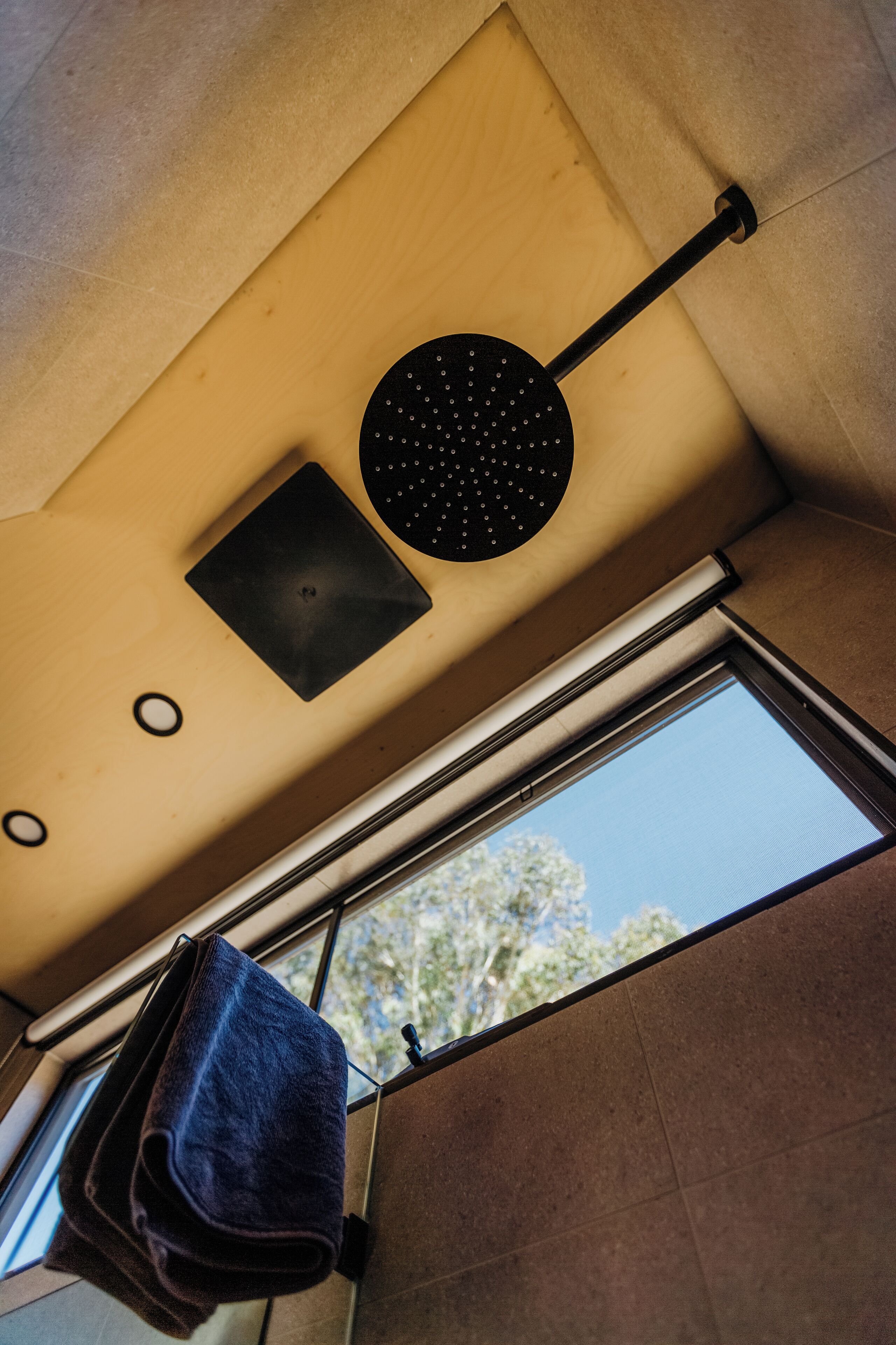A ceiling with a circular light fixture, a small square vent, and a towel hanging on a rack.
