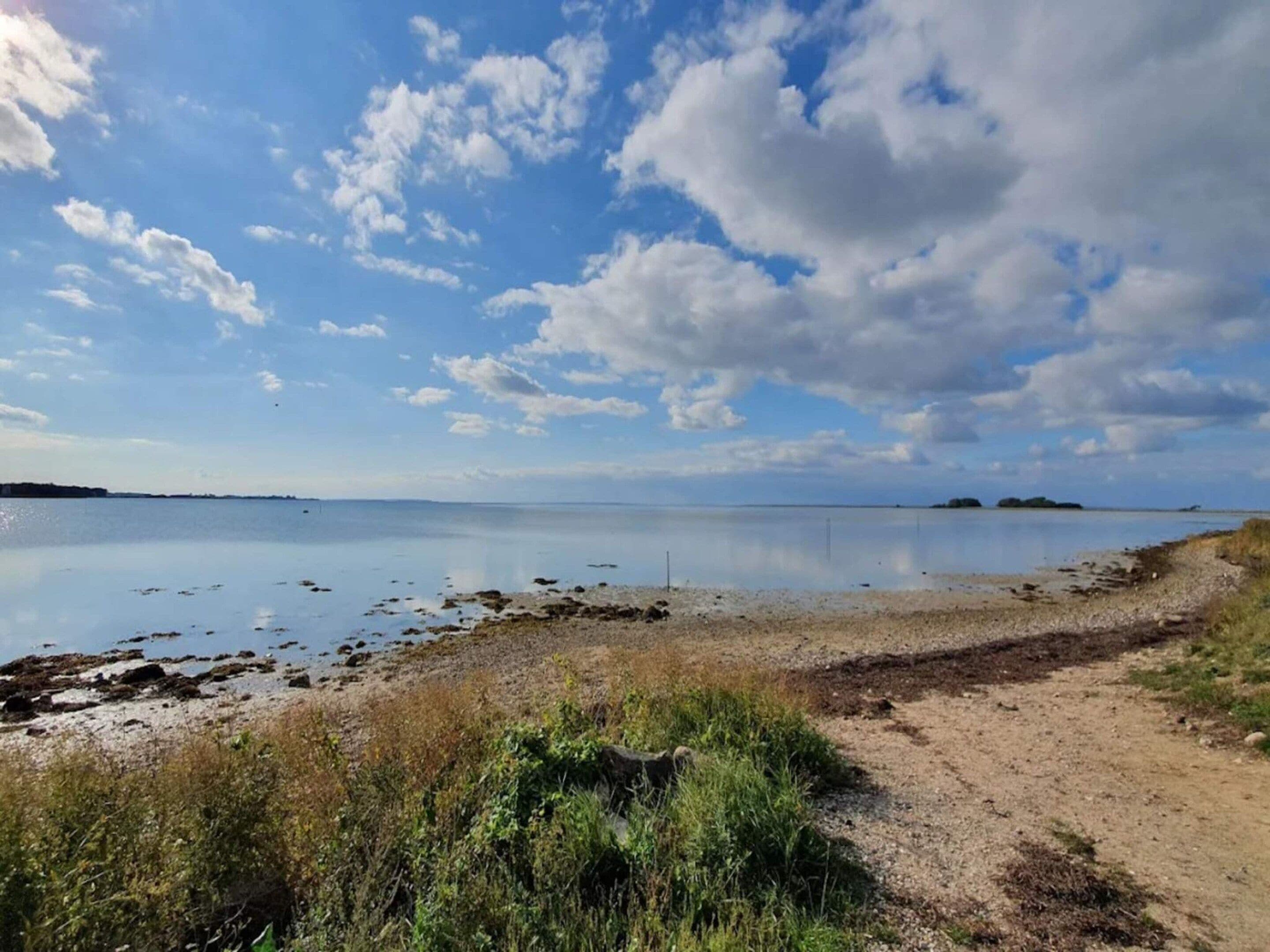A coastal landscape with a clear sky, calm water, and a dirt path leading to the shore.