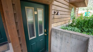 A green door with a brass doorknob and a small brass mailbox on the wall. - Walk to Downtown! 2-bedroom with mountain views (Ouray)
