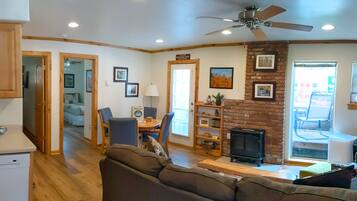 Televisión, chimenea, libros