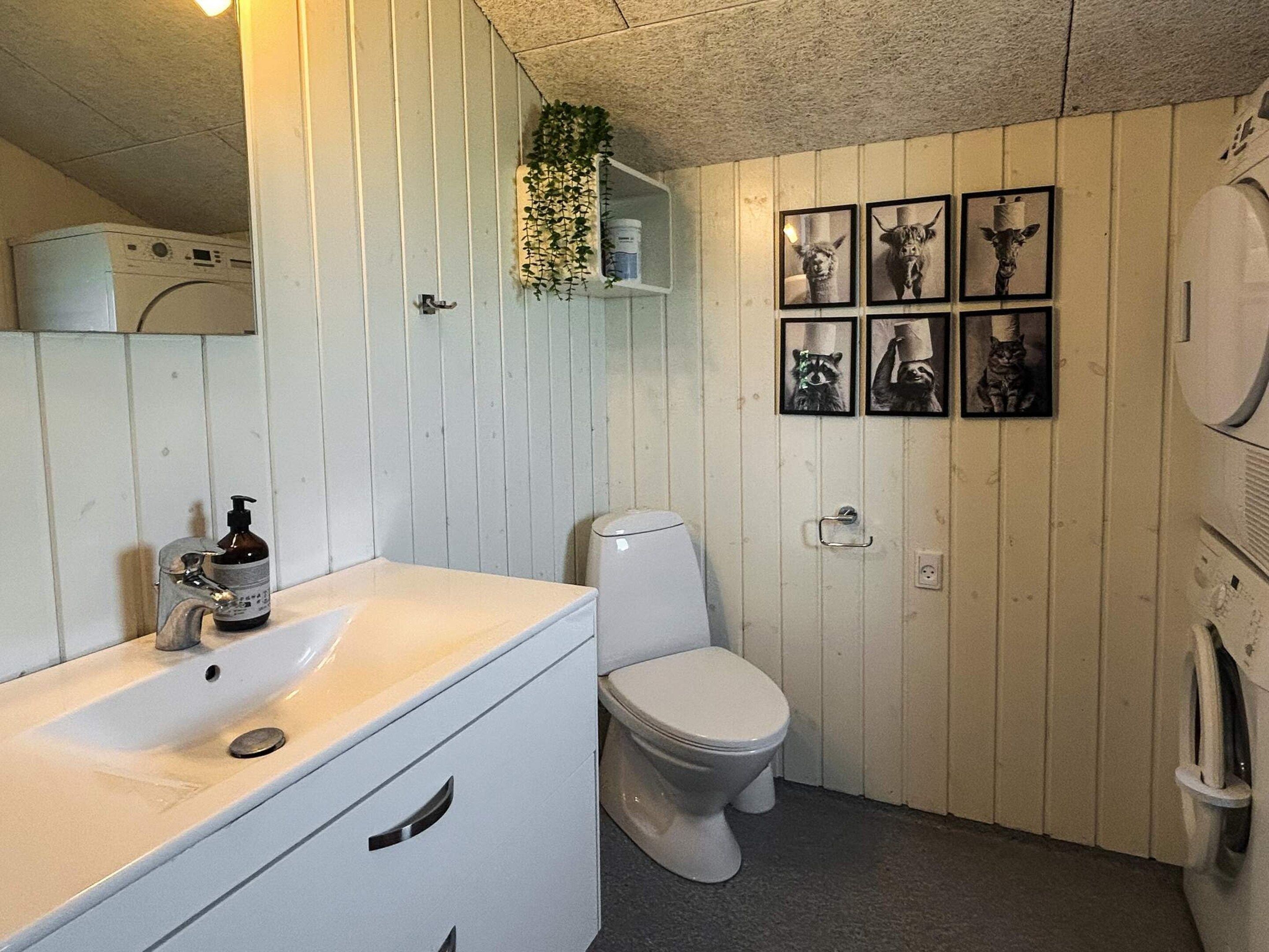Une salle de bain avec un lavabo blanc, des toilettes et un miroir. Des tableaux encadrés ornent le mur et une plante est suspendue au-dessus du lavabo.