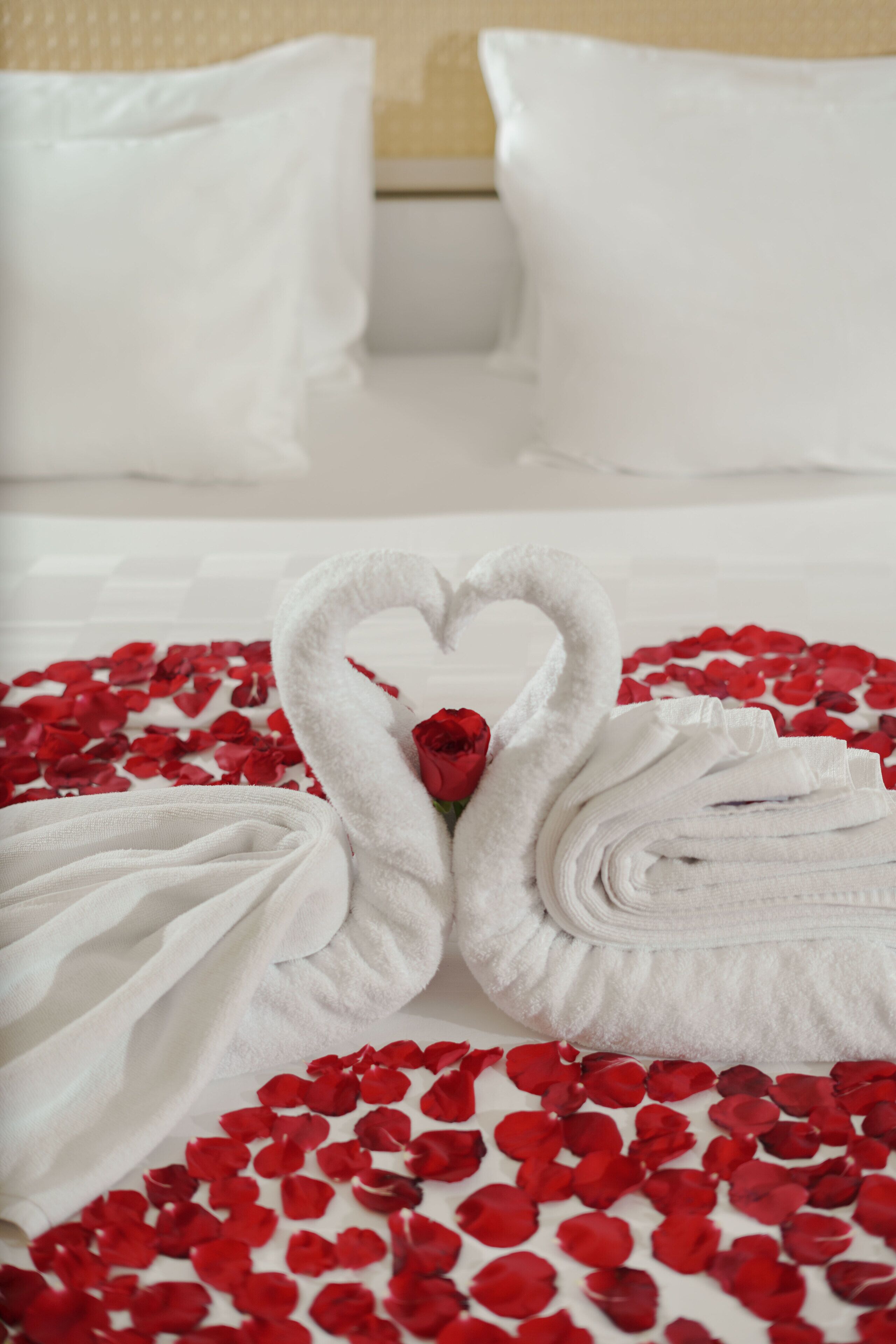 A neatly made bed with a heart-shaped towel arrangement and red rose petals.