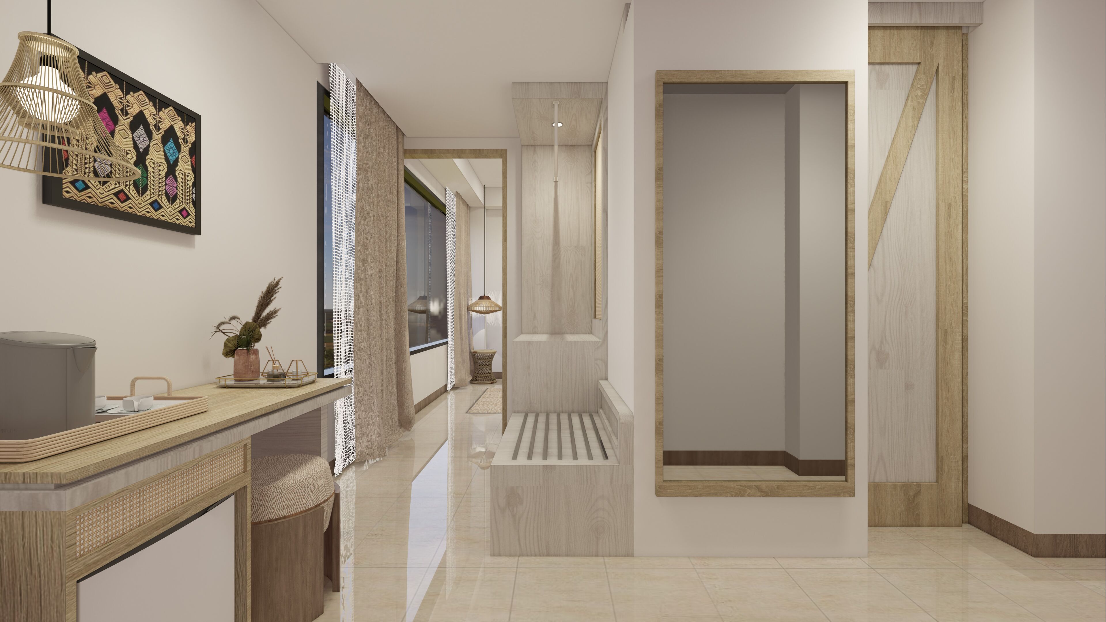 A modern hallway with a wooden bench, a decorative wall piece, and a door with a geometric design.