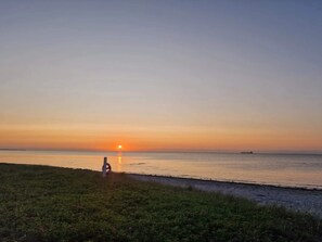 A sunset over a calm sea with a person standing on the shore.