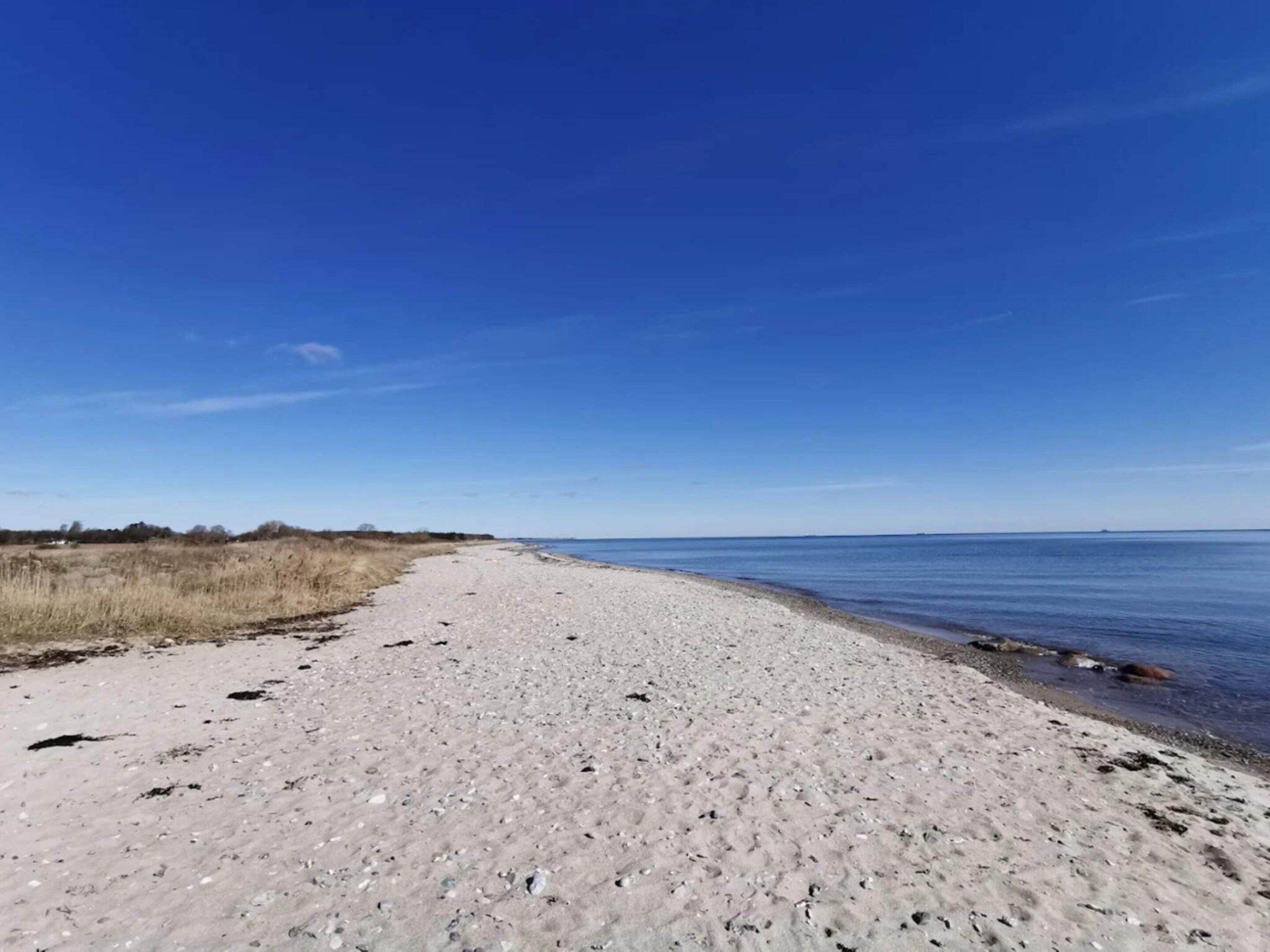 A beach with a clear sky and calm water.