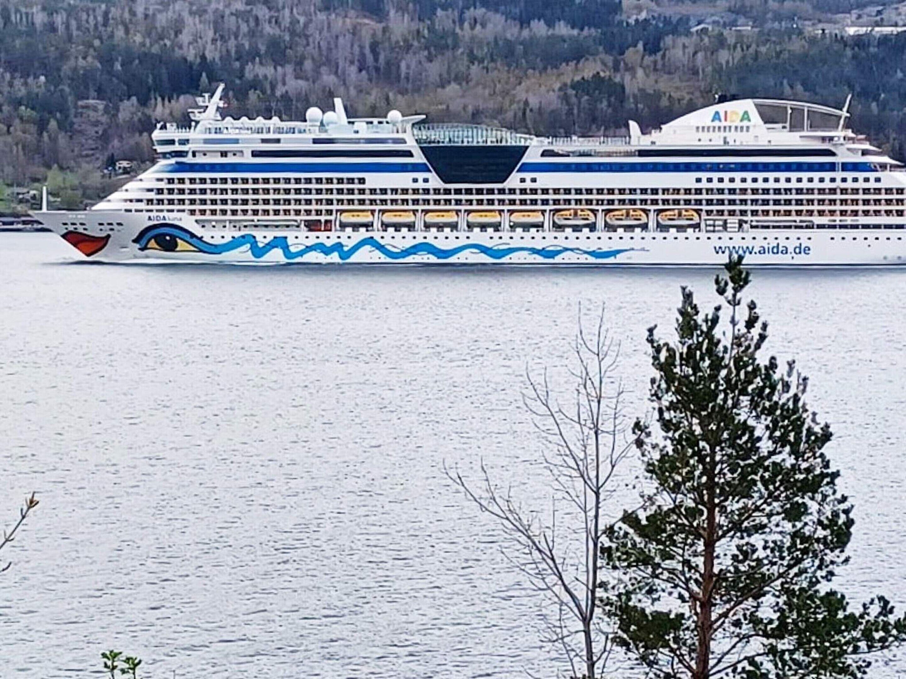 A large cruise ship with multiple decks and a distinctive blue and white color scheme.