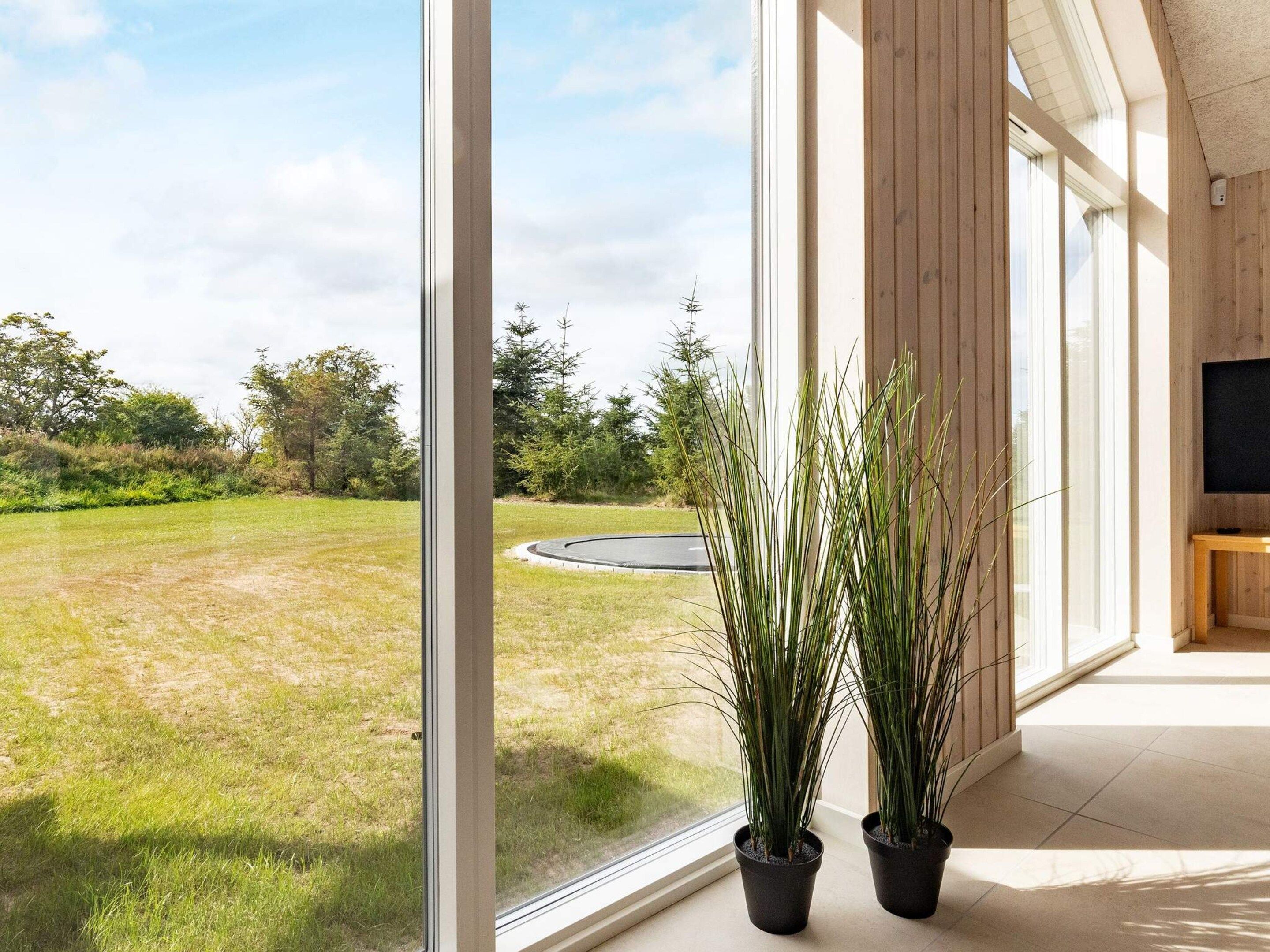 A modern interior with large windows, a flat-screen TV, and two potted plants.