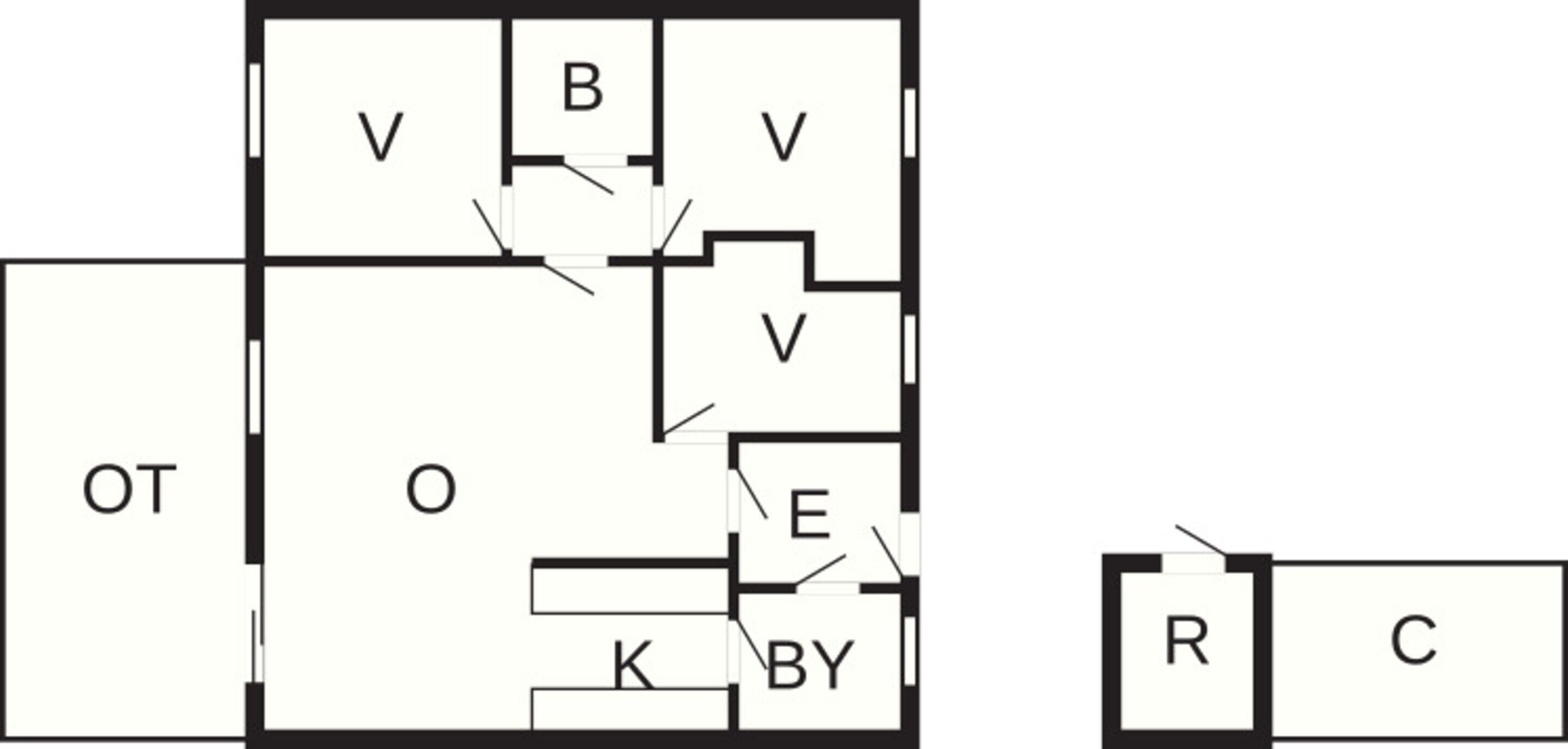 A floor plan with labeled rooms: OT, O, B, V, E, K, BY, R, C.
