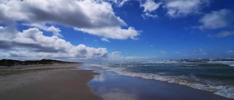 Ein Strand mit breitem Sandufer und ankommenden Wellen.