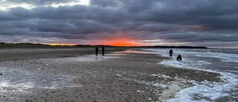 A beach with a sunset in the background, sandy shore, and a few people walking.