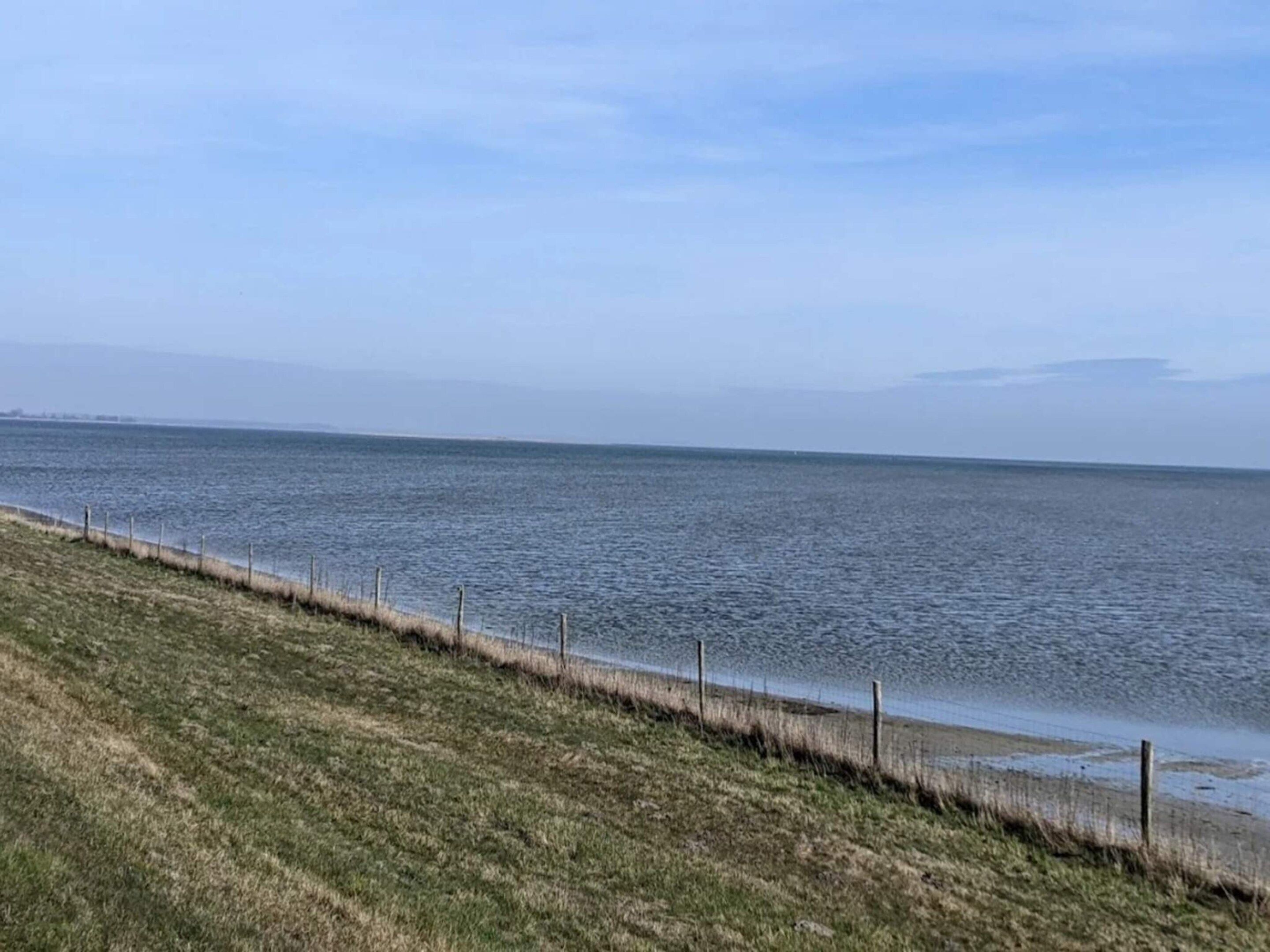 Een kustlandschap met een gazon en een hek langs de waterlijn.
