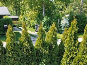 Un jardín bien cuidado con un sendero de piedra, árboles de hoja perenne podados y un buzón.