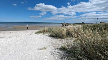 A beach with a person walking on the sand, a clear sky, and some vegetation.