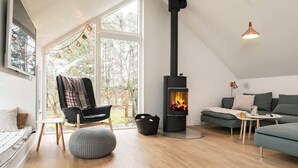 A cozy living room with a modern fireplace, a comfortable sofa, a chair, and a small table. - 6 Person Holiday Home in Hals-by Traum (Hals)