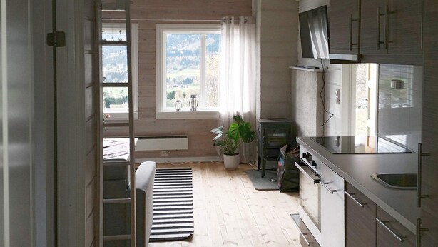 A modern kitchen with wooden cabinets, a built-in stove, and a window with a view of the outdoors. - 7 Person Holiday Home in Orsta/brungot (Orsta)