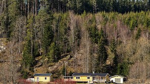 Um imóvel à beira do lago com duas casas amarelas e um cais.