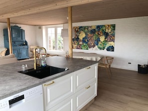 Modern kitchen with dishwasher, stainless steel sink, and wooden ceiling.