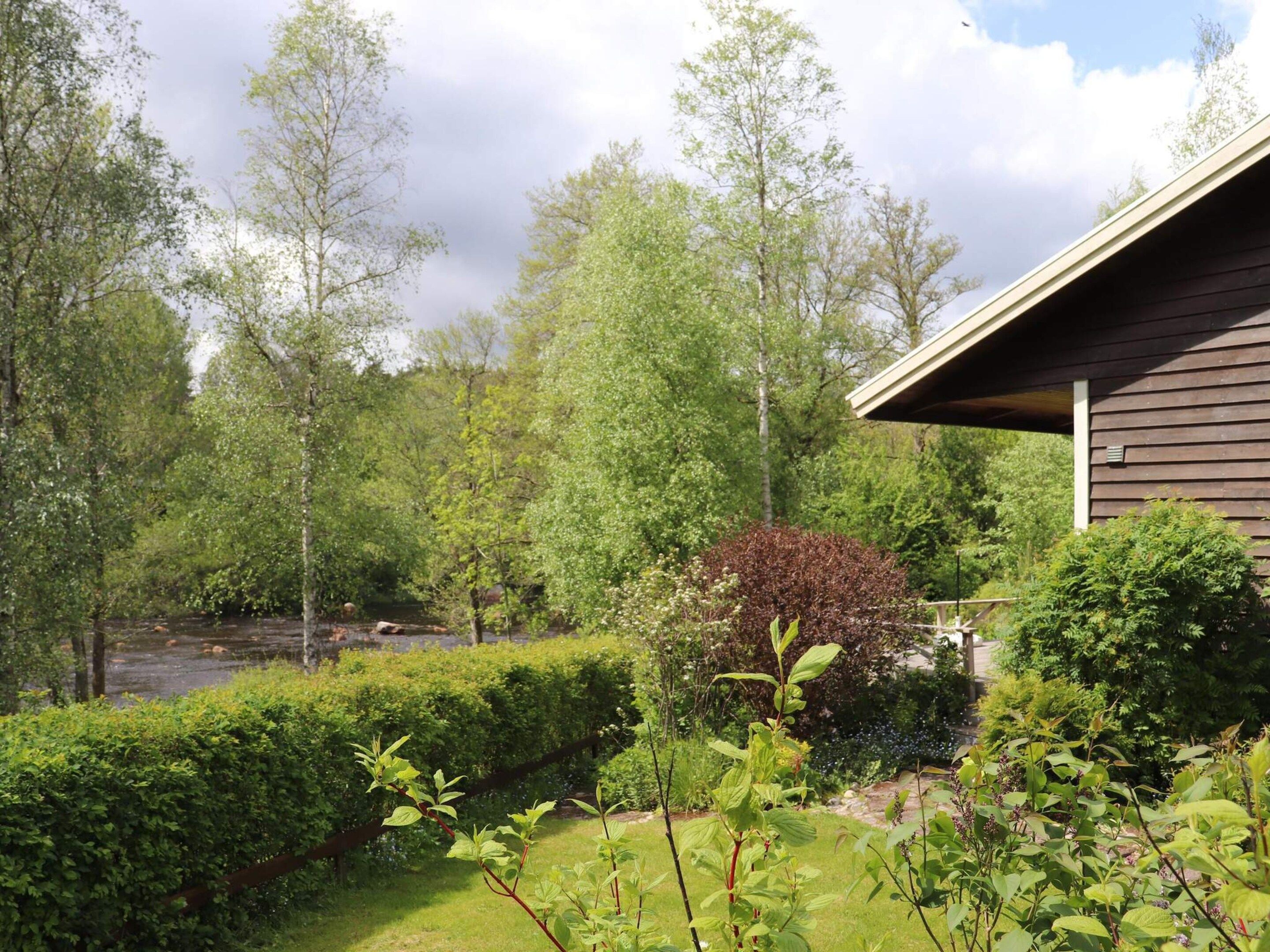 A residential area with a house, a river, and a variety of trees and shrubs.