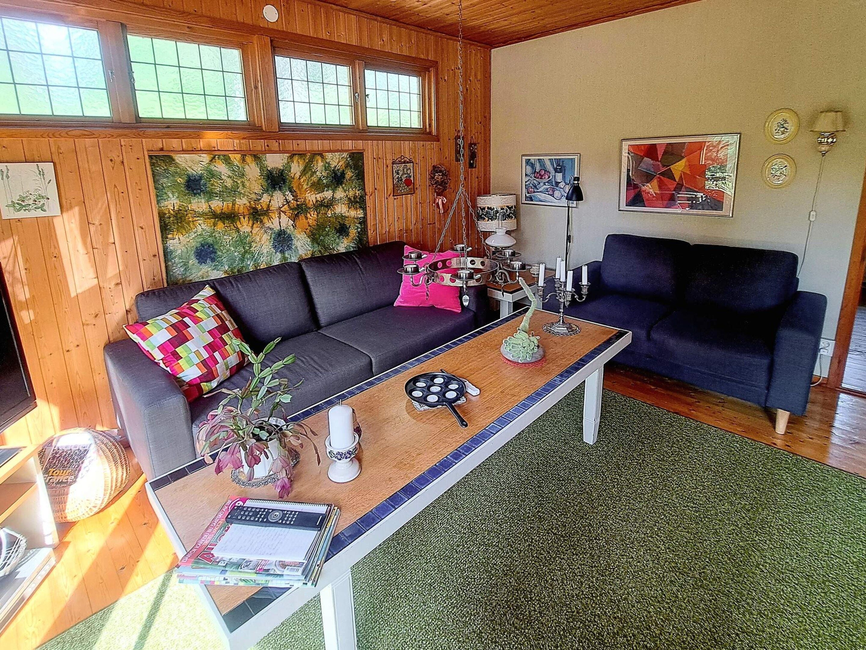 A cozy living room with a dark sofa, a wooden coffee table, and a green rug.