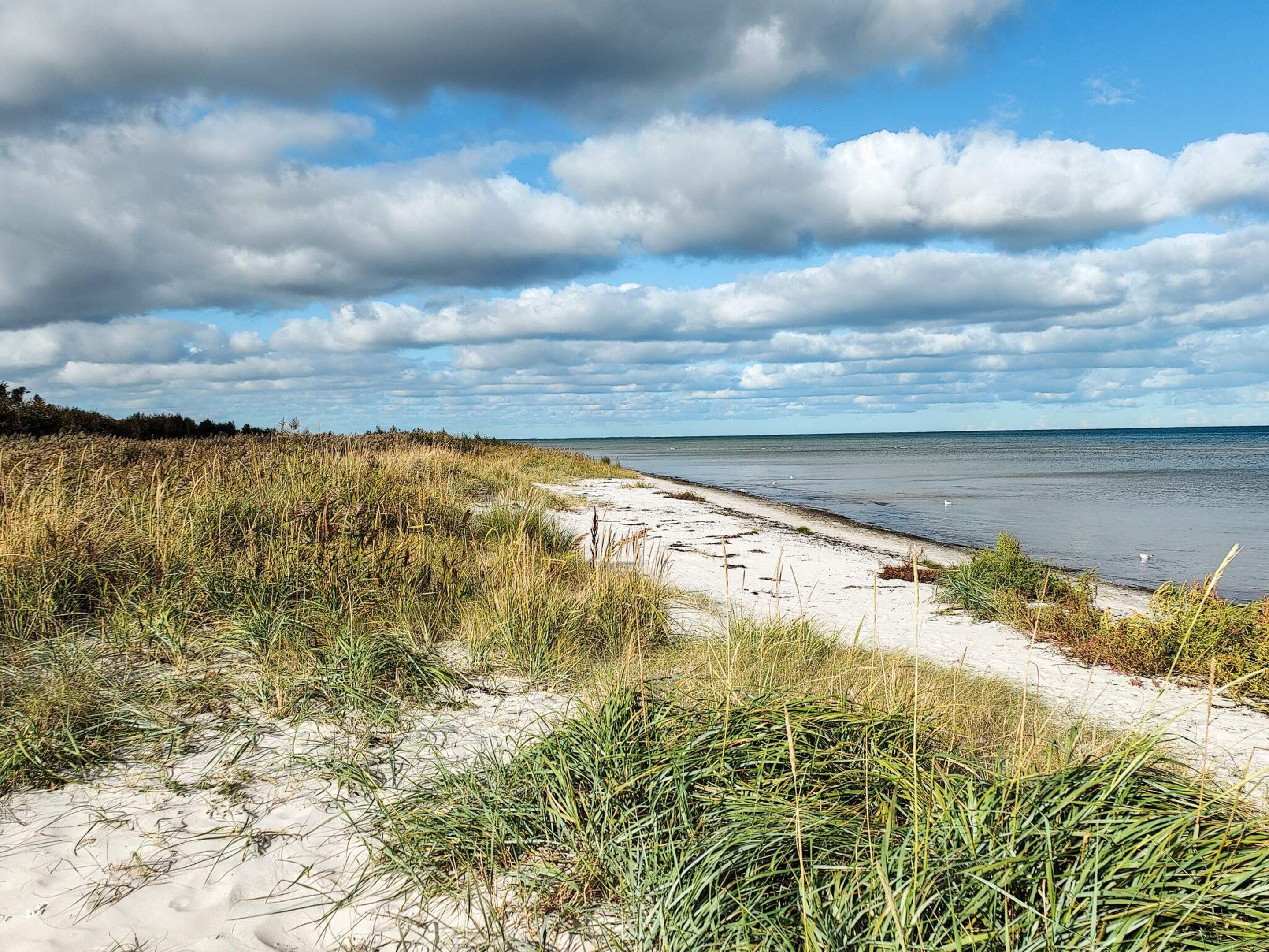 A beach with sand, grass, and a cloudy sky.