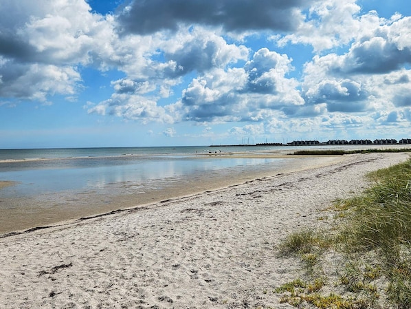 A beach with a wide sandy area, a calm sea, and a distant shoreline with structures. - 5 Star Holiday Home in Vaeggerlose (Vaeggerlose)