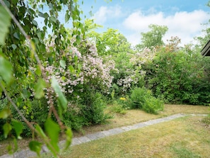 A garden with a stone pathway, various shrubs, and flowering plants. - 6 Person Holiday Home in Hojby (Hojby)