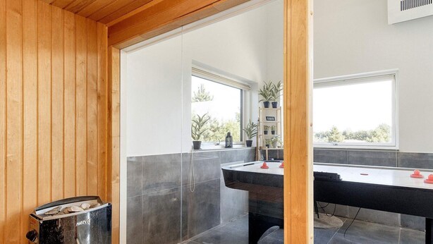 A room with a pool table, wooden walls, and a view through a glass door. - 10 Person Holiday Home in Vaeggerlose (Vaeggerlose)