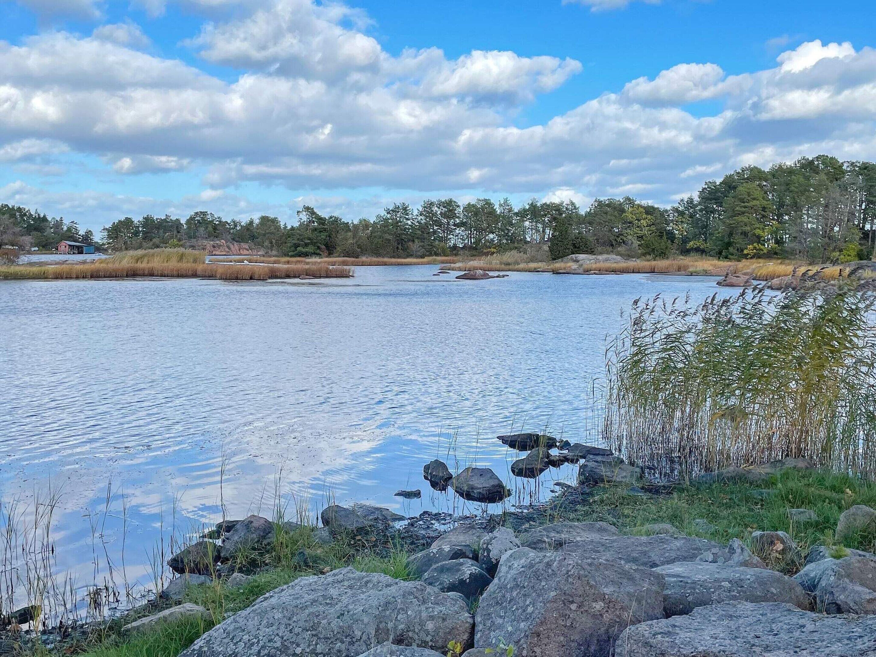 A calm lake with surrounding grassy areas and rocks.