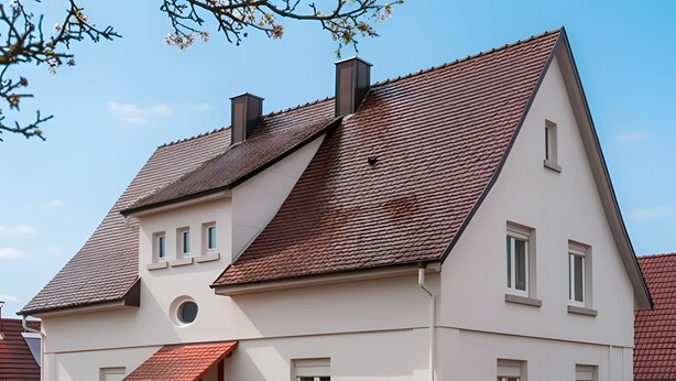 Ein zweistöckiges Haus mit einem geneigten Dach, einer Veranda und einem kleinen Garten.